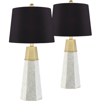 360 Lighting Mid Century Modern Table Lamps 27.5" Tall Set of 2 Faux Marble Gold Column Black Faux Silk Drum Shade Living Room Bedroom House