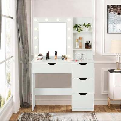 Vanity Desk with Mirror, Charging Station & LED Lights - 4 Drawers, 2 Shelves - Makeup Dresser for Bedroom