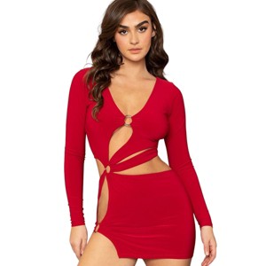 Slickblue Women's Cutout Mini Dress, V Neck, Metal Ring Detail, Long Sleeve Style, Red/Camel/Royal, Size S-L - 1 of 4