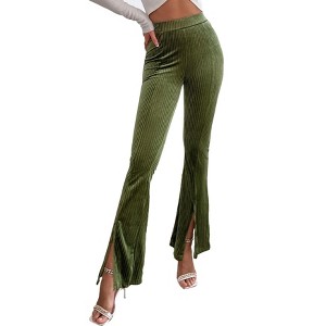 Women's Flare Velvet Corduroy Leggings Elastic High Waist Bootcut Pants Front Split Ribbed Yoga Casual Pants - 1 of 4
