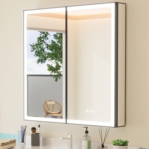 Grand Medicine Cabinet with Mirror and Light, Recessed/Mount Bathroom Medicine Cabinets, Defogger Mirror, Adjustable Shelves, Dimmable, Black - 1 of 4