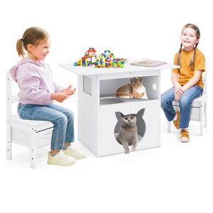 Tangkula 3 PCS Kids Table and Chairs Set Furniture w/Cat House Hole & Window 2 Chairs - 1 of 4
