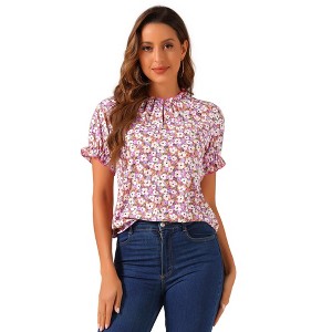 INSPIRE CHIC Women's Ruffled Short Sleeve Floral Mock Neck Summer Top - 1 of 4