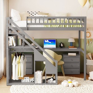 Whisen 80.7"L x 41.8"W Twin Size Wooden Loft Bed with Desk and Shelves, Health and Comfort - 1 of 4