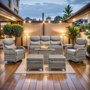 Buenhomino 7 Pieces Patio Furniture Sets with Fire Pit Table, Wicker High Back Outdoor Swivel Rocking Chairs Set with 3-Seat Couch, Ottomans and Table - 1 of 4