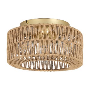 DAKAFUL Boho Rattan Flush Mount Ceiling Light,Hand-Woven Light Fixture for Living Room/Bedroom (3-Light&Gold) - 1 of 4