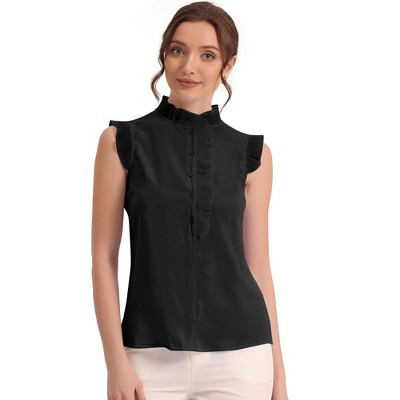Allegra K Women's Summer Solid Ruffle Round Neck Sleeveless Button Up Shirt