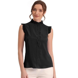 Allegra K Women's Summer Solid Ruffle Round Neck Sleeveless Button Up Shirt - 1 of 4