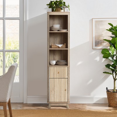 Tall Brown Wave-Patterned Wood Bathroom Storage Cabinet