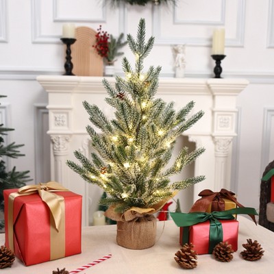 24 Inch Pre-lit Artificial Tabletop Mini Christmas Tree with Lights, Green Frosted Christmas Trees with Burlap Base, Miniature Pine Christmas Trees