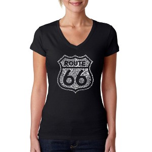 LA Pop Art Women's Word Art V-Neck T-Shirt - Get Your Kicks on Route 66 - 1 of 4