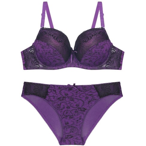 Dark Purple, Bra and Panties, Padded, Underwire, Push Up, Size 36b ,fr95b,eu80b,panties Size Medium, Very Sheer New With Out Tags 