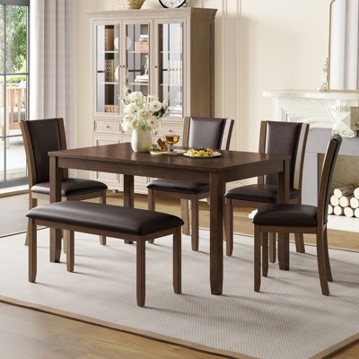 Aukfa 6-Piece Modern Dining Set with Bench - Wood Table & 4 Chairs for Kitchen/Dining Room, 6-Person Table Set