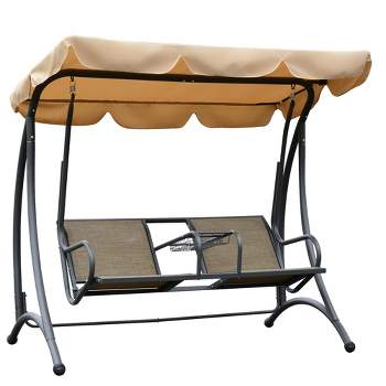 Outsunny 2-Person Porch Swing, Outdoor Patio Swing Bench with Adjustable Tilt Canopy, Cup Holder and Storage Tray, Steel Frame, Brown