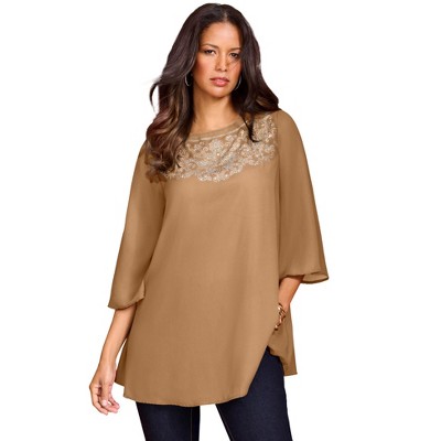 Roaman's Women's Plus Size Flare-Sleeve Embellished Georgette Top