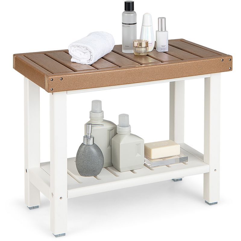 Costway 24" x 12" Heavy Duty Waterproof HDPE Shower Bench Stool with Storage Shelf White/Off White & Brown, 1 of 11
