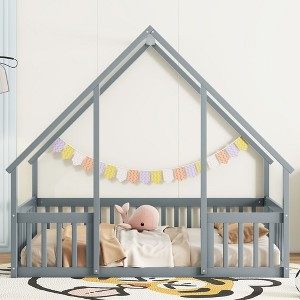 PAGED House Shaped Floor Bed Twin Size Modern Wooden Sturdy Bed Frame with Guardrails for Bedroom, Easy Assembly - 1 of 4