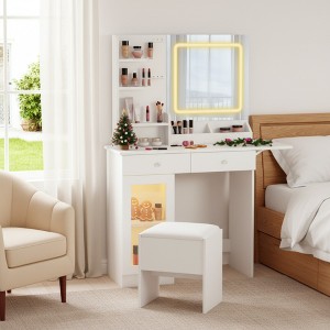 FONTOI 31.5"W Vanity Desk with Mirror and Chair Glass Top with 2 Drawers and Cabinet for Woman Bedroom Dressing Room, White, 31.5"*15.55"*53.15" - 1 of 4