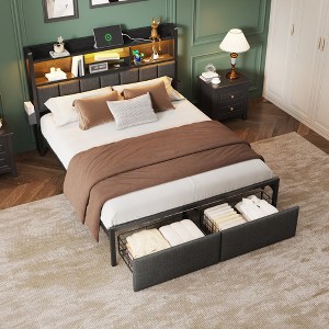 Furnulem Full Size Bed Frame with Storage Drawers Upholstered Headboard with Storage Shelf LED Lights and Charging Station Metal Platform Bed Frame - 1 of 4