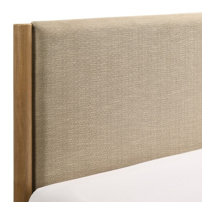 Light Walnut Rubberwood Queen Platform Bed with Beige Upholstered Headboard and Two Nightstands