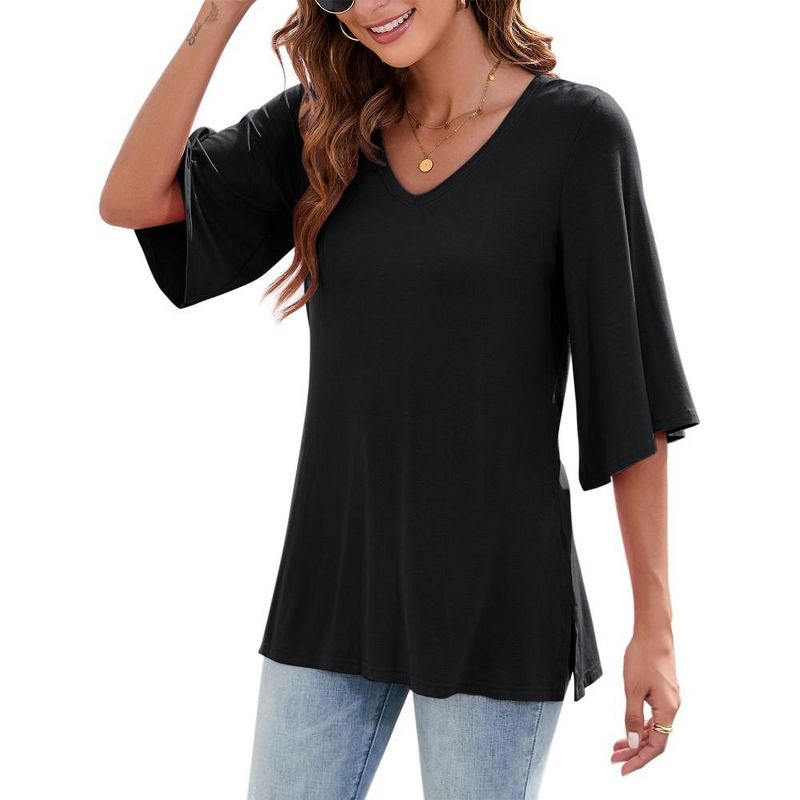 Whizmax Women's 3/4 Bell Sleeve Shirt Loose Fit V Neck Blouse Cute Tops, 1 of 7