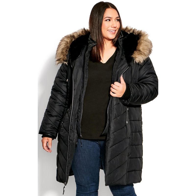 Women's Plus Size Chevron Long Puffer Coat - black | AVENUE, 1 of 4