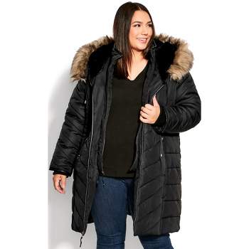 Women's Plus Size Chevron Long Puffer Coat - black | AVENUE