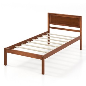 Infans Twin Size Wooden Platform Bed Frame with Headboard Mattress Foundation Walnut - 1 of 4