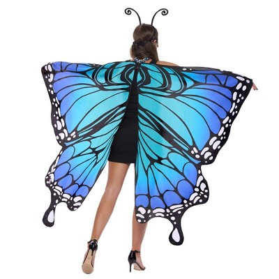 SYNCFUN Women's Halloween Costume Butterfly Wing Cape Shawl with Lace Mask and Black Velvet Antenna Headband for Halloween  Dress Up Party-Blue