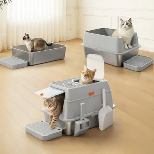 LunaLulinlk 3-in-1 Stainless Steel Cat Litter Box with Lid, 2 Scoops and Filter Pedal - 1 of 4