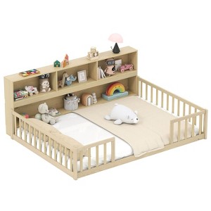 Costway Full Size Montessori Floor Bed with Bookcase Storage Shelves & Safety Fence Rails Pink/Natural/White/Gray - 1 of 4