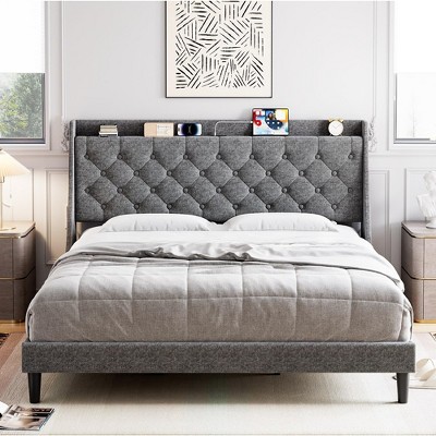 Whizmax King/Queen/Full Size Bed Frame with Charging Ports & Storage Shelf, Upholstered Platform Bed with Wingback Headboard, No Box Spring Needed