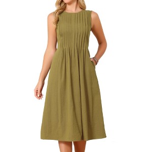 Inspire Chic Women's Summer Sleeveless Crew Neck Tie Waist Pleated Flowy A-Line Midi Tank Dress Small Olive Green