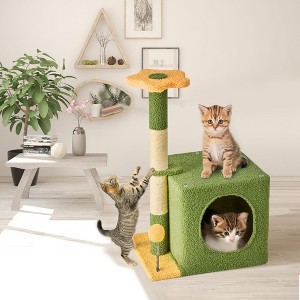 Modern Multicoloured Soft Plush Cat Tree Pet Tower with Floral Shape, Cat Condo and Soft Ball - 1 of 4