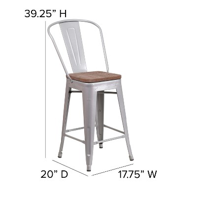Silver Metal Counter Stool with Curved Slatted Back and Textured Wood Seat