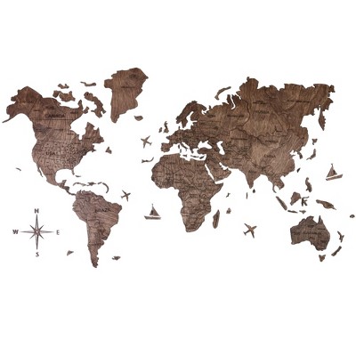 HomeRoots 47" X 79" Dark Brown Wood World Map Hanging Dimensional Sculpture