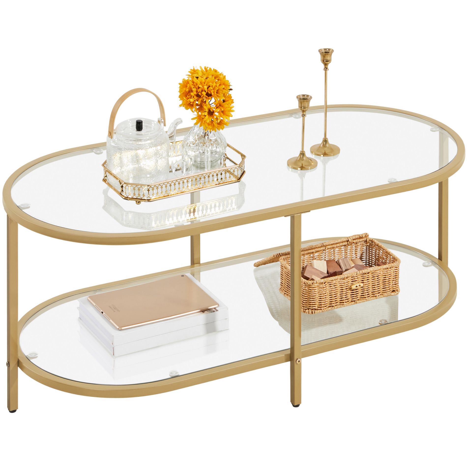 Yaheetech Tempered Glass 2-layer Coffee Table, Gold