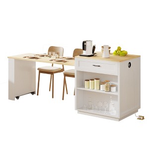 PDTEND 82.7" Kitchen Island with Extendable Dining Table, Power Outlet, 2 Drawers, 2 Side Open Shelves - 1 of 4