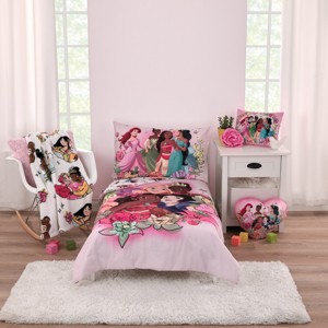 Disney Princesses Courage and Kindness Pink, Blue, and White 4 Piece Toddler Bed Set - 1 of 4