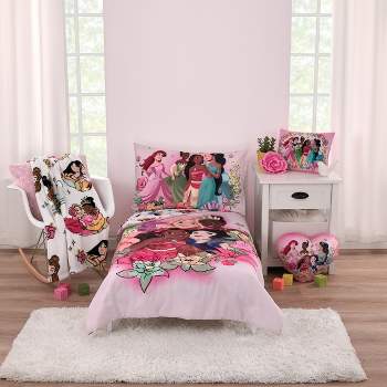 Disney Princesses Courage and Kindness Pink, Blue, and White 4 Piece Toddler Bed Set