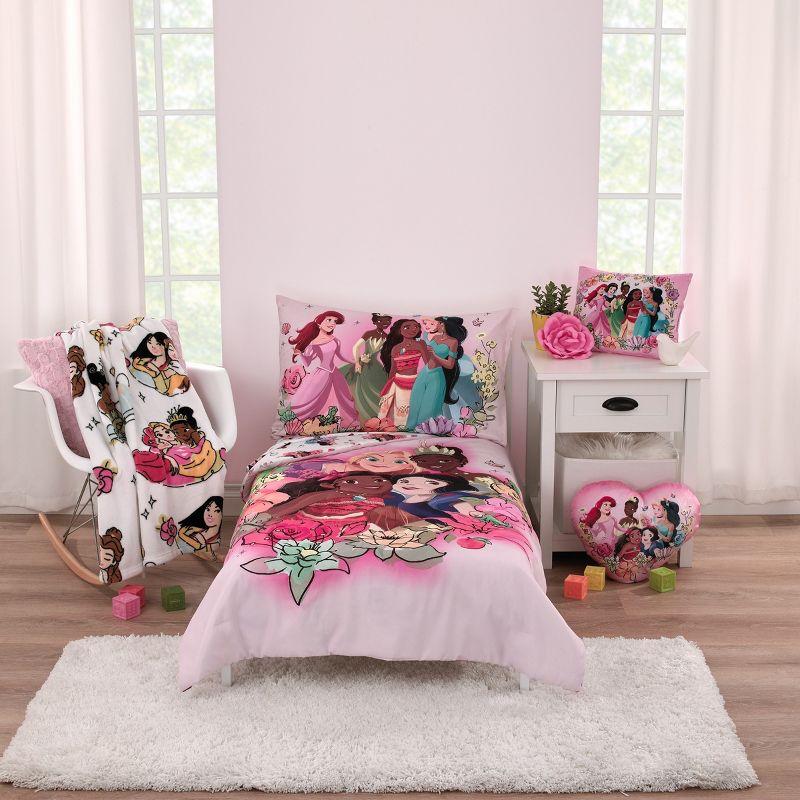 Disney Princesses Courage and Kindness Pink, Blue, and White 4 Piece Toddler Bed Set, 1 of 7