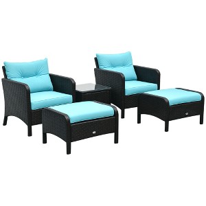 Outsunny 5 Piece Rattan Wicker Lounge Chair, Outdoor Patio Conversation Set with 2 Cushioned Chairs, 2 Ottomans & Tempered Glass Top Coffee Table - 1 of 4