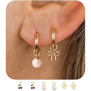 Gold Hoop Earrings and Charm Set for Women Trendy:14K Gold Plated Small Huggie Hoop Earrings Dangle Charm Set Cute Earrings Jewelry Pearl Bow Cherry - 1 of 4
