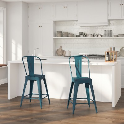 Kelly Blue-Teal Metal Counter Stool with Vertical Slat Back and Footrest