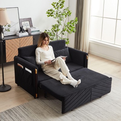 54” Modern Blue Velvet Convertible Sofa Bed - Multi-Position Adjustable with Pull-Out Bed and Bedhead, 2 Detachable Arm Pockets, 2 Pillows