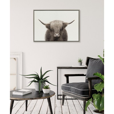 Gray Highland Cow Print on Canvas with Polystyrene Frame