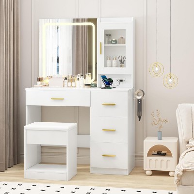 Small Vanity Desk With LED Mirror & Stool - Flip Top Makeup Table With Drawers For Bedroom