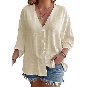 Coolmee Women's 3/4 Sleeve Button Down Shirts V Neck Casual Loose Fit Blouses - 1 of 4