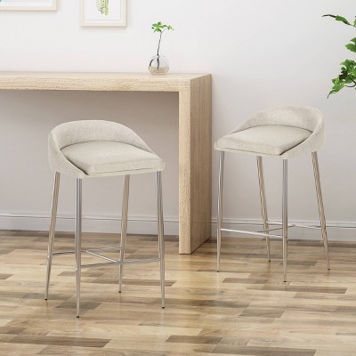 Beige Upholstered Counter Stools with Chrome Iron Legs, Set of 2