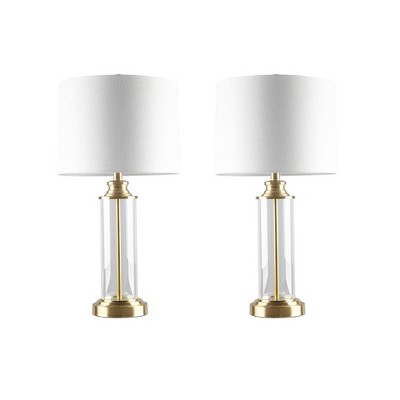 Gold and Clear Glass Cylinder Table Lamp Set with Drum Shades